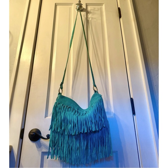 NEW LIATALIA ITALIAN SUEDE LEATHER BOHO TURQUOISE FRINGE CROSSBODY PURSE HANDBAG - Picture 4 of 14